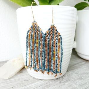BOGO EARRINGS Blue and Gold Beaded Fringe Cascade Dangle Earrings 3.5"